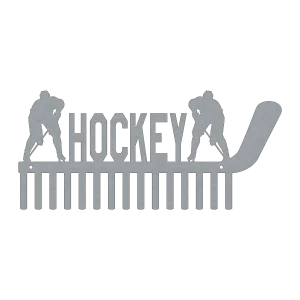 A steel medal holder shaped like a hockey stick, featuring the word 'HOCKEY' in the center with two player silhouettes. It has 15 hooks for displaying medals.